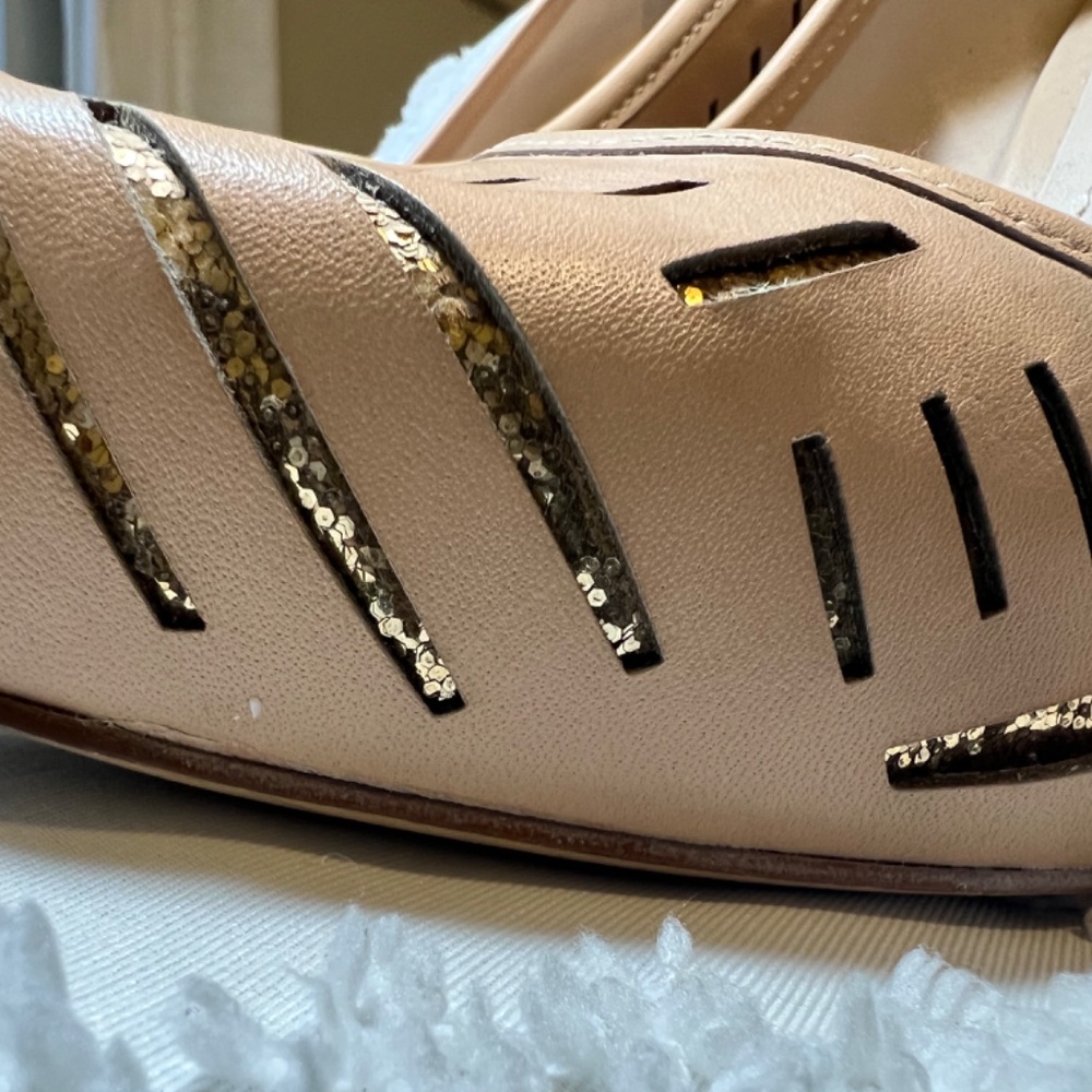 Y2K BCBGeneration Prague Nude Blush Laser Cut Cage Gold Stilettos SIZE 7.5 - Picture 10 of 11